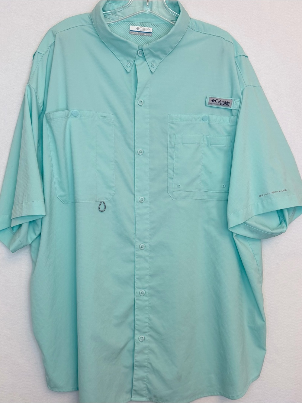 Columbia PFG Bahama II Vented Fishing Shirt Aqua Button Front Short Sleeve XXL